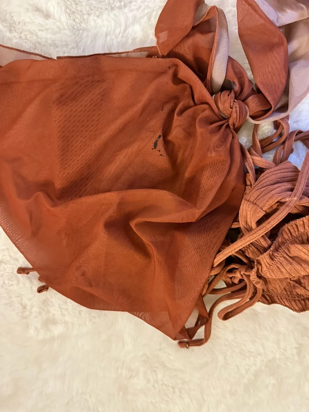SHEIN Ribbed Burnt Orange Brown 3 Piece Tie Bikini Set Cover Up Sarong Medium